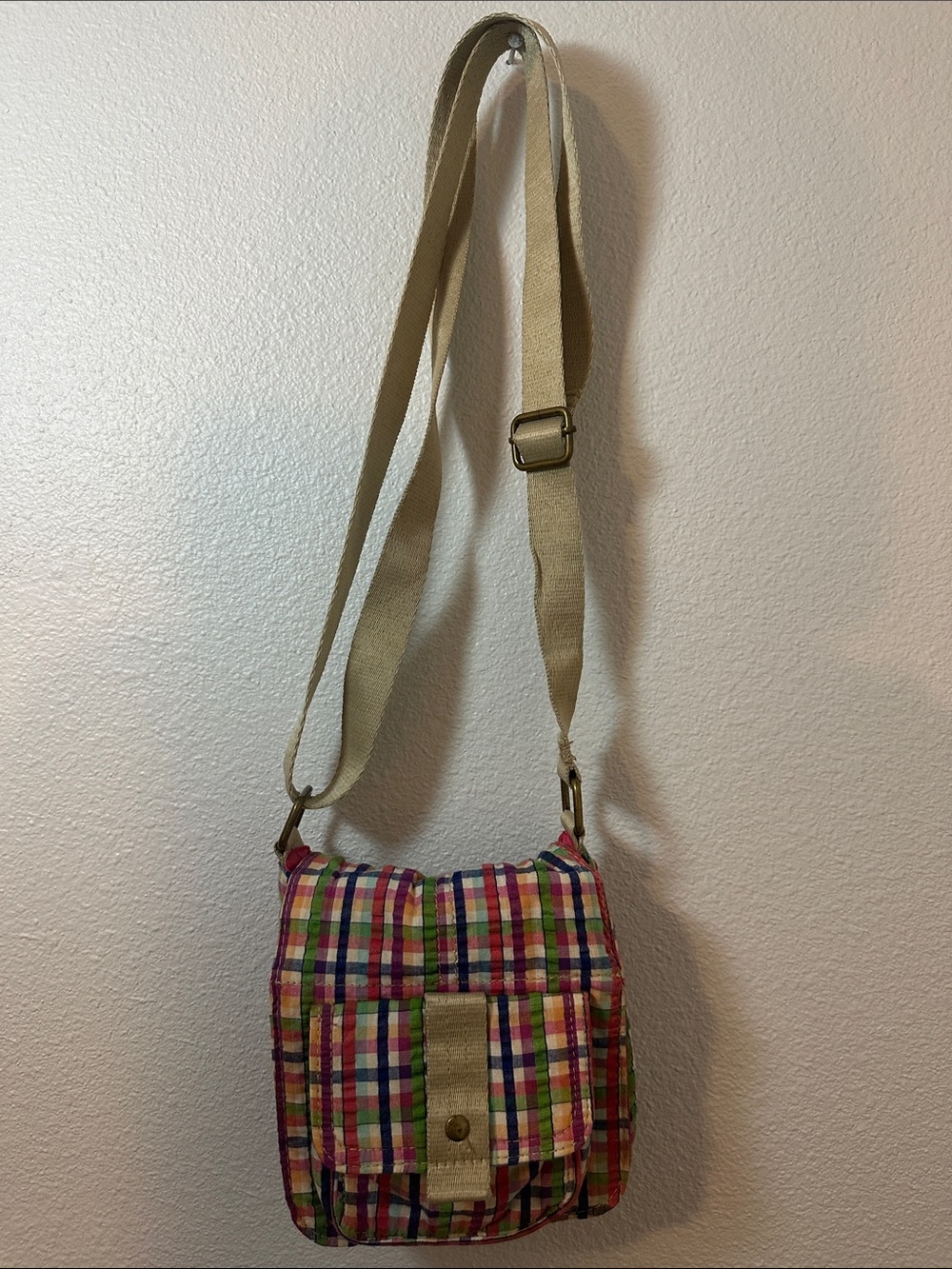 Multi-Color Plaid Crossbody Bag with Beige Strap